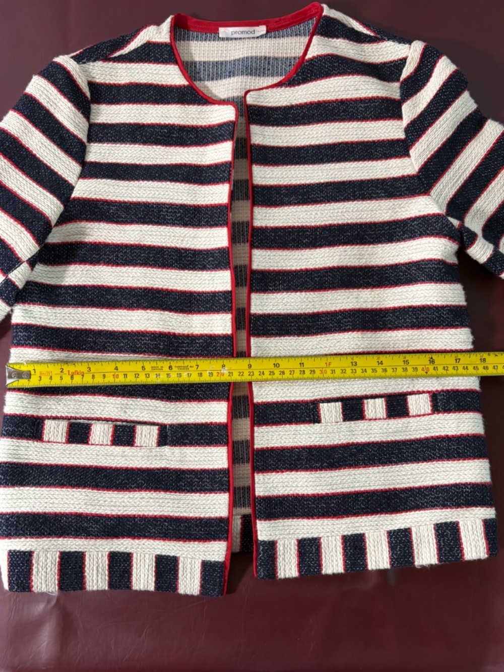 Promod Parisian Tweed Striped Knit Jacket | French Nautical Red Trim Blazer S - Picture 10 of 13